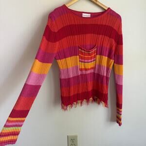 Y2K Vintage American Girl Striped Red Multicolored Linen Cotton Sweater Size L